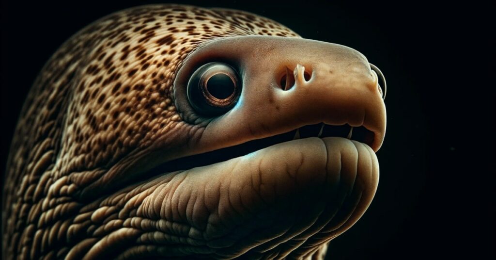 Close-up image of an eel's head, focusing on its eye and mouth, showcasing the detailed texture of its skin in a dark underwater setting.