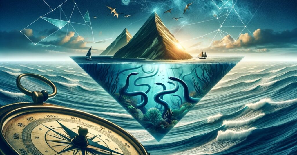 Wide image depicting the Bermuda Triangle with eel shapes intertwined with underwater and cosmic elements, alongside navigational tools.