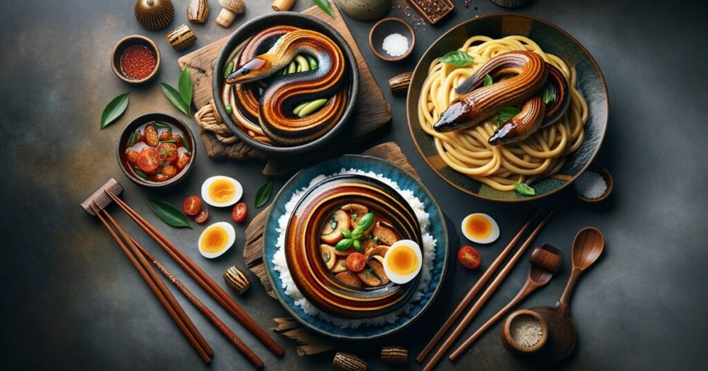 A wide image displaying traditional Japanese unagi dishes and Italian eel recipes on a dark background with accompanying condiments and chopsticks.