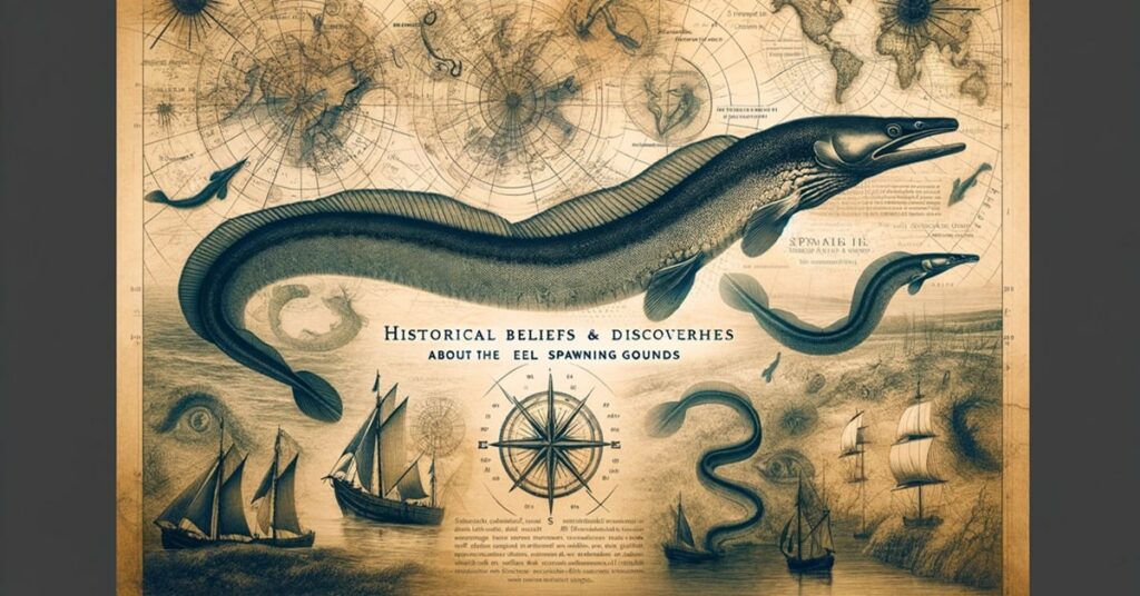 Antique-style wide image of an eel superimposed over historical maps and nautical imagery, evoking a theme of discovery and exploration.