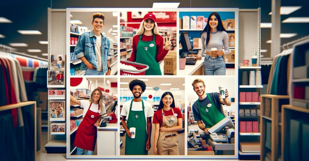 Collage of diverse Target employees in various roles, smiling and engaged in their work within the store.