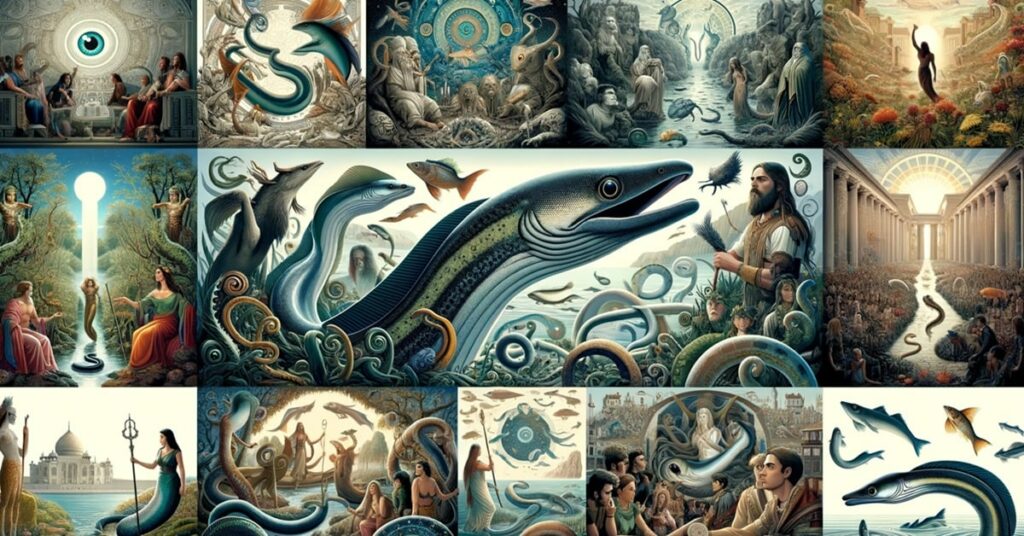 An artistic wide image blending eels into mythical and ancient storytelling scenes with a collage of classical and fantasy elements.