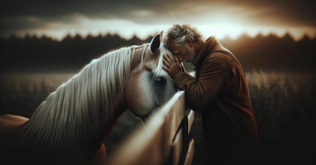 Elderly man and white horse sharing a tender moment.