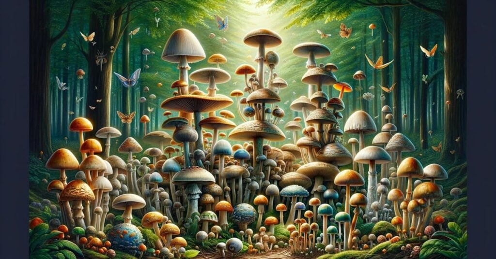 Mushrooms of different sizes and colors growing in a bright, enchanted forest setting.