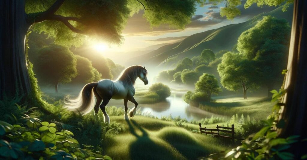 Horse in sunlit forest clearing by water.