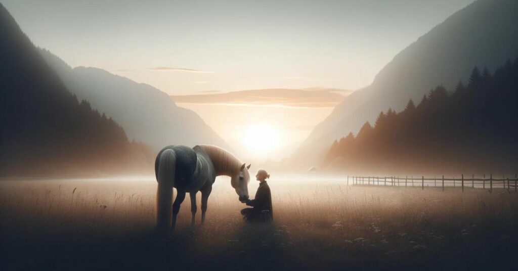 Person sitting with horse at sunset in misty valley.