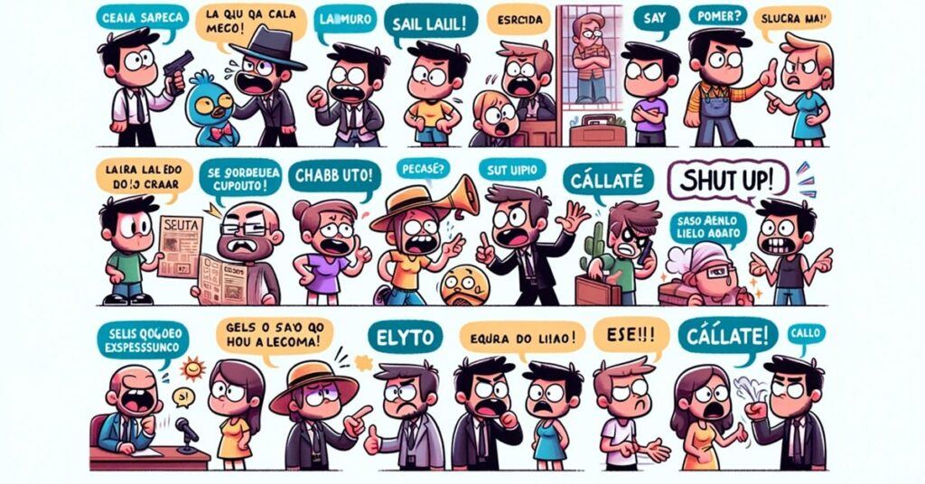 A cartoon strip showing different characters saying "shut up" in various funny scenarios.