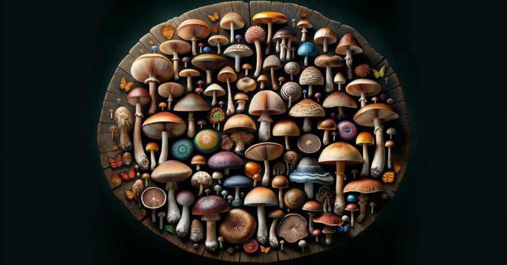 A variety of mushrooms arranged in a circular pattern with rich textures and colors.