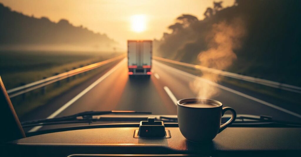 Coffee cup on truck dashboard at dawn.