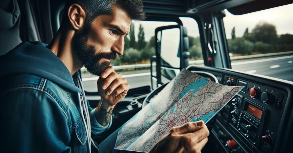 Truck driver planning route with a map.