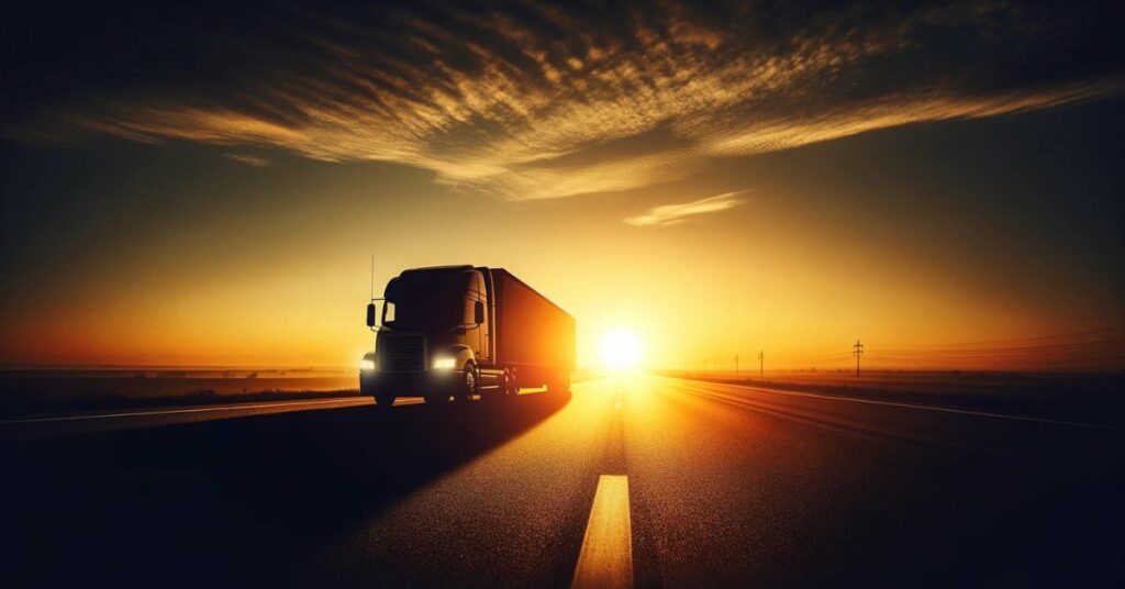 Silhouette of a truck driving at sunset.
