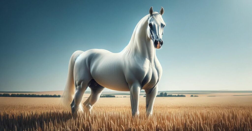 Strong white Arabian horse in open field with blue sky.