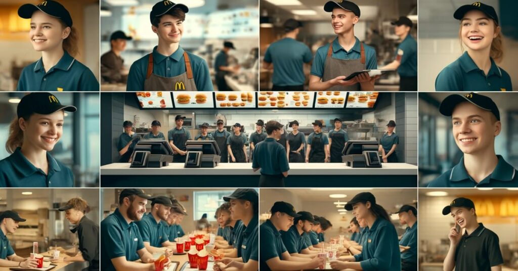 Young McDonald's employees in various roles displaying teamwork and customer service inside a restaurant.