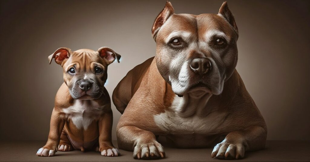 A young Pit Bull puppy and an older Pit Bull sitting side by side, illustrating the aging process in dogs.