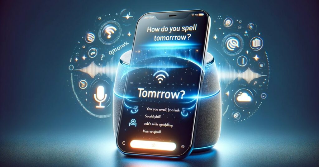 A smartphone displays a spelling query for "tomorrow" with digital voice interaction symbols around it.