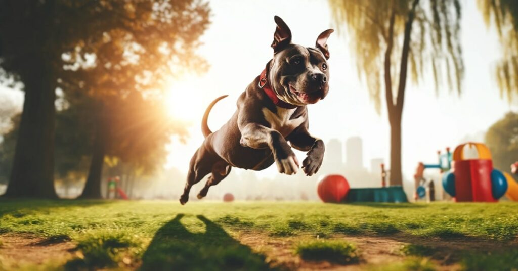 A youthful Pit Bull mid-leap in a sunny park, exemplifying vitality and the joy of exercise.