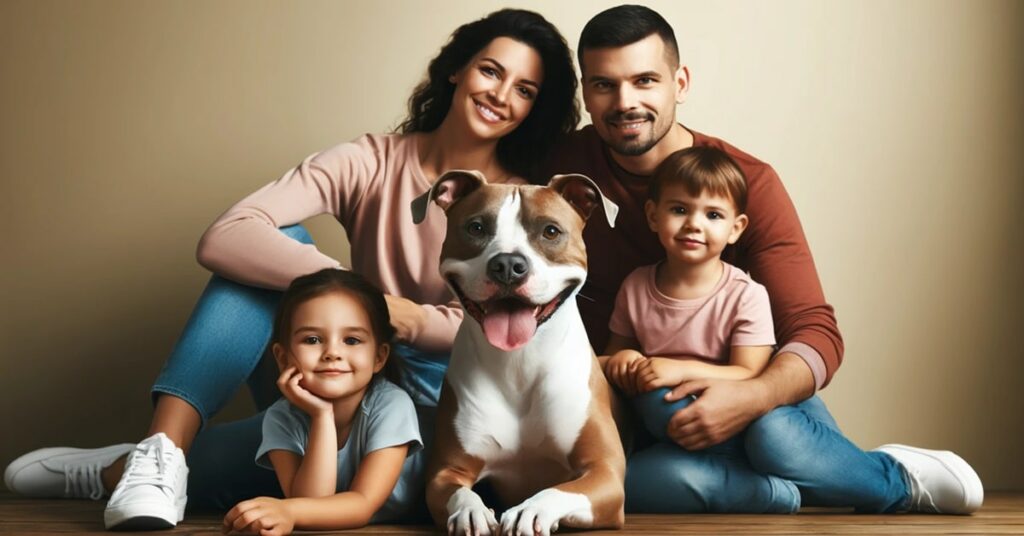 A Pit Bull smiling in the center of a family portrait with two adults and two children, depicting companionship.