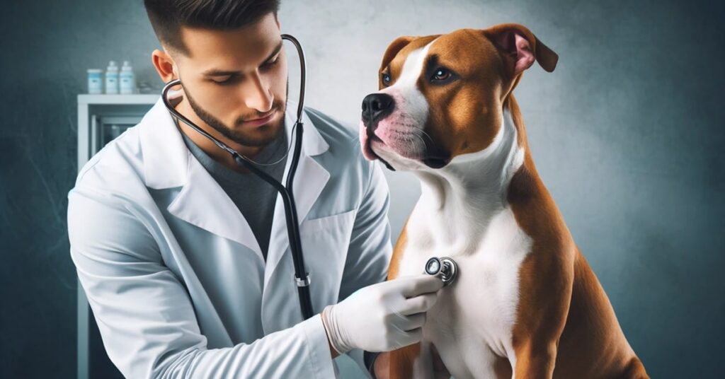 A veterinarian examining a cooperative Pit Bull, highlighting the importance of regular health check-ups.