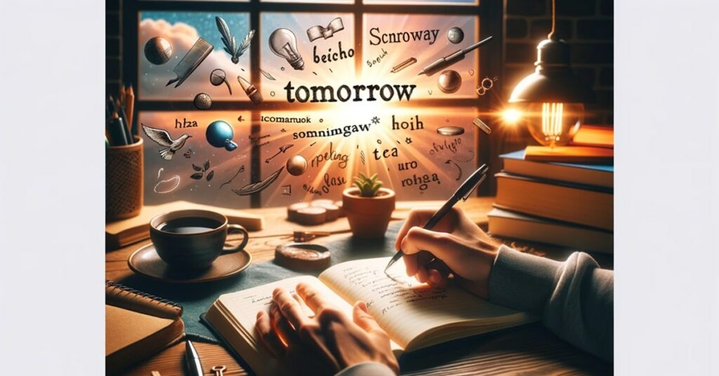 A person writes in a journal at a cozy desk, with the word "tomorrow" in various forms above, signifying the learning process.