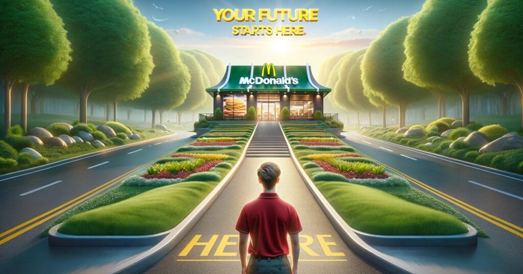 Back view of a young employee gazing towards a McDonald's restaurant on a landscaped path with 'Your future starts here' on the pavement.