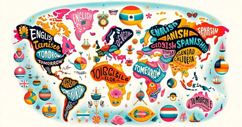 An illustrated map highlighting the English, Spanish, and French languages with the word "tomorrow" in each respective language.