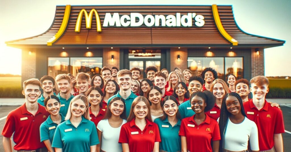 A group of cheerful young McDonald's employees in uniform, standing in front of their restaurant at sunset.